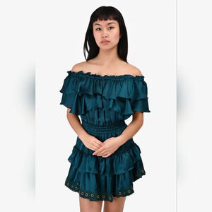 MISA Los Angeles Jules Mini Dress Off Shoulder Satin in Emerald Size XS Women's